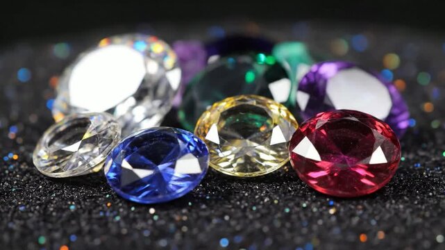 A vibrant collection of colorful gems sparkle on a dark glittery surface.