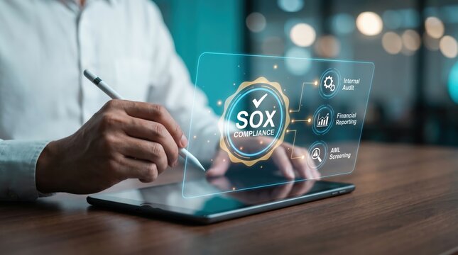 SOX Compliance and Financial Auditing Technology: Professional Hand with Tablet and Holographic Interface for Internal Audit and AML Screening