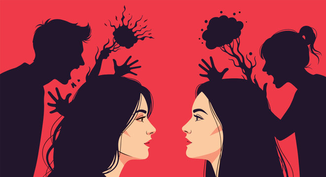Two women looking at each other while their internal silhouettes are shouting and expressing anger and conflict.