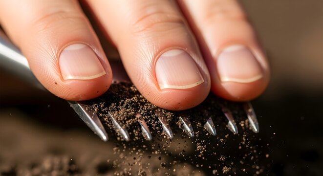 Close up of fingers using a metal garden fork to sift through soil