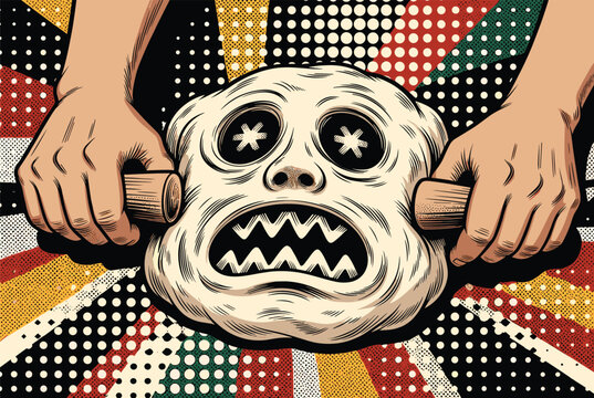 Hands using a rolling pin on a strange piece of dough that looks like a monster face with sharp teeth and star eyes.
