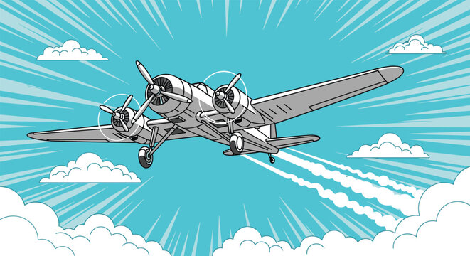 Vintage silver propeller airplane soars majestically through a bright blue sky filled with fluffy white clouds in comic book style.