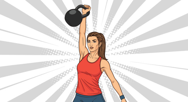 Strong athletic woman in a red tank top lifts a heavy black kettlebell above her head against a dynamic grey sunburst background.