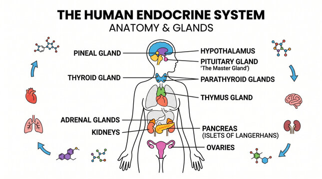 Human endocrine system anatomy isolated on white background, hormone healthcare concept, vector illustration