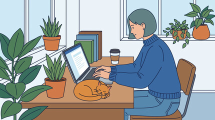 Woman working from home with cat on desk © Bima