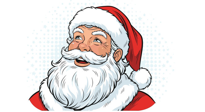 Close-up portrait of a jolly Santa Claus with a big white beard and a warm smile looking upward against a dotted background.