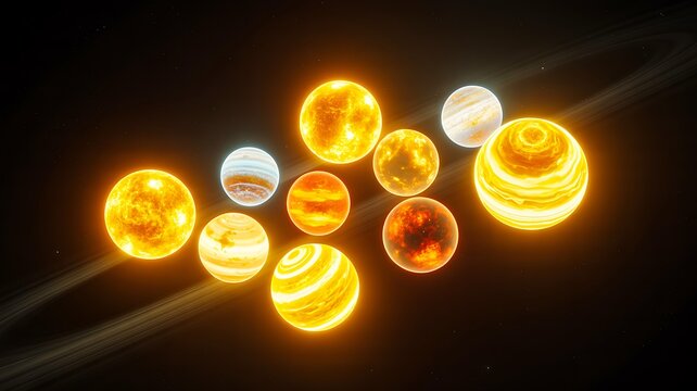 Glowing solar system planets floating in space on dark cosmic background