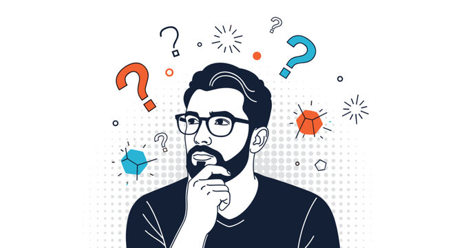 Bearded man wearing glasses looks confused with question marks and abstract geometric shapes floating around his head in a comic art style.