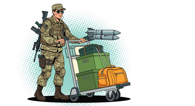 Soldier in camouflage military uniform pushing a heavy luggage cart loaded with gear and missiles against a dotted pop art background.