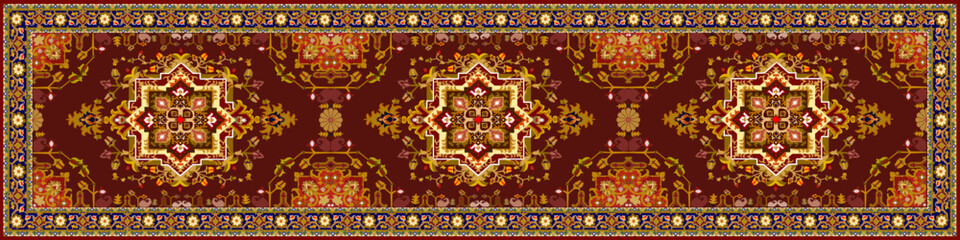 Fototapeta premium Luxury Persian Runner Carpet Pattern with Floral Geometric Medallion Design