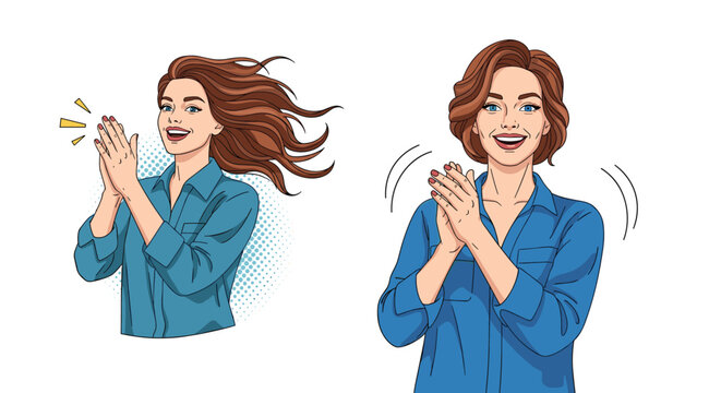 Young woman with brown hair clapping her hands enthusiastically in two different poses against a white background in a pop art style.