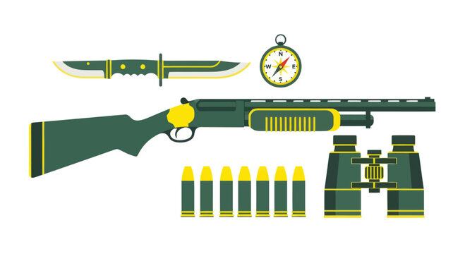 Hunting Gear: Shotgun, Binoculars, Knife, Compass, Ammunition