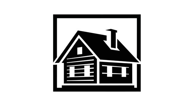 Black and white cabin icon in square frame isolated on white background