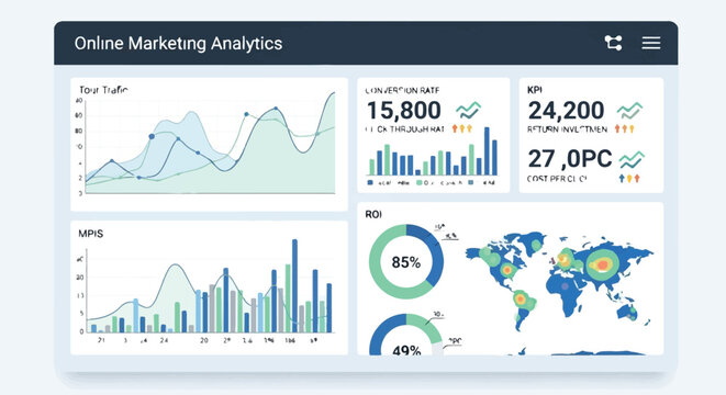 Digital marketing analytics dashboard with charts graphs and data visualizations for online business
