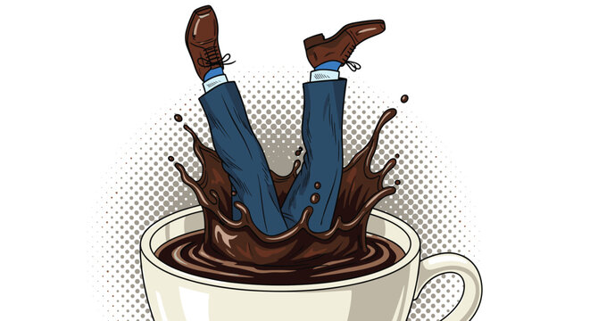 Businessman in a suit falling headfirst into a giant white cup of dark coffee causing a large splash against a halftone background.