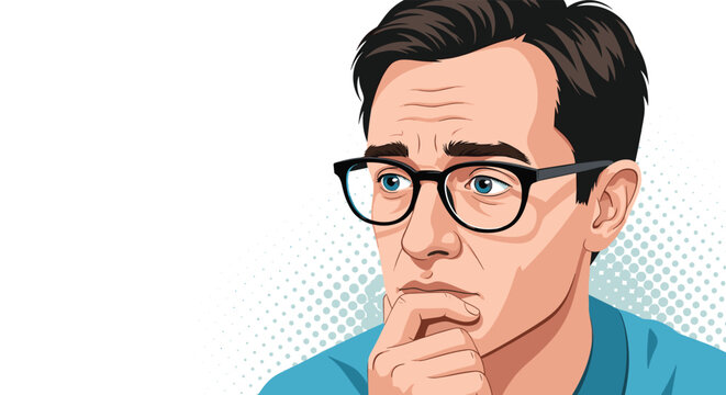 Intellectual man with glasses resting his chin on his hand while thinking deeply with a worried expression in pop art.