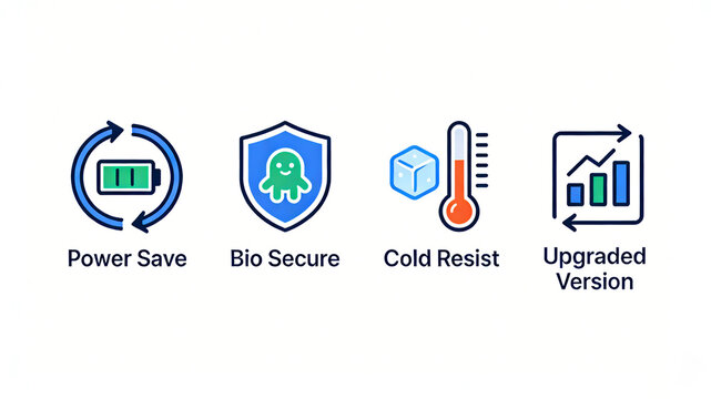 Circular battery, biological shield, ice thermometer and rising chart icon, energy-saving, biosafety and version upgrade, suitable for displaying household appliances and outdoor equipment.
