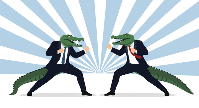 Two aggressive crocodiles dressed in business suits and ties are about to fight on a blue radial burst background.