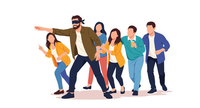 Blindfolded man with a beard leads a group of confused people in a conceptual illustration about blind leadership.