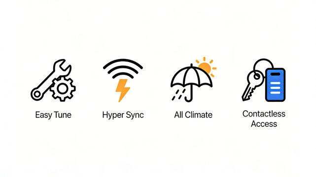 Wrench gear, lightning WiFi, umbrella and key card icon, easy debugging, high-speed synchronization and contactless access, suitable for digital and access control system products.
