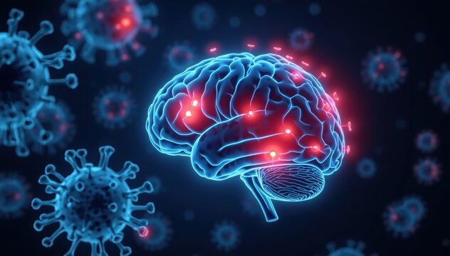 A glowing digital brain surrounded by virus particles represents neural impact and brain health affected by infections.