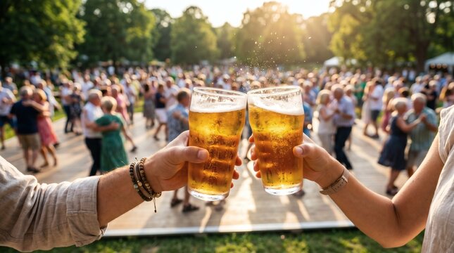 Toasting beer glasses at the lively Dansbandsveckan outdoor summer festival