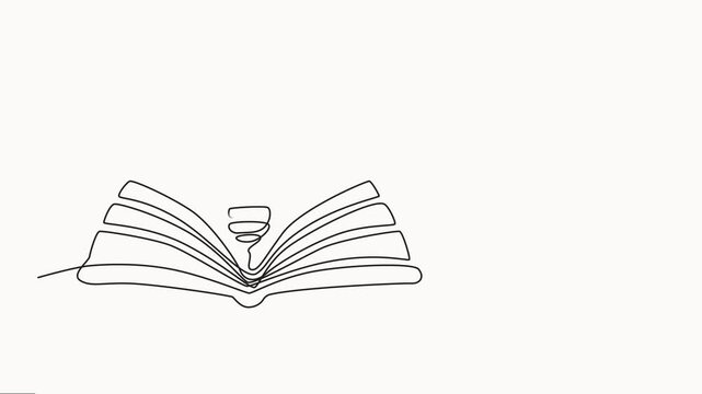 Animation of  light bulb above open book in continuous line style drawing. Full length one line animation, Line drawing open book with lamp idea symbol animation. School education concept motion