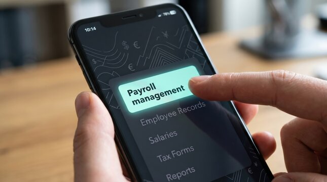 Payroll management on smartphone, employee records, salary app, tax forms