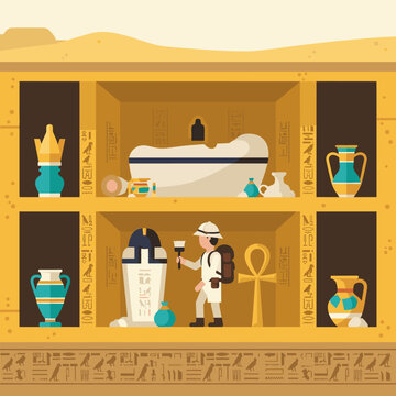 Archaeologist excavating ancient Egyptian tomb with sarcophagus, canopic jars, and hieroglyphics.
