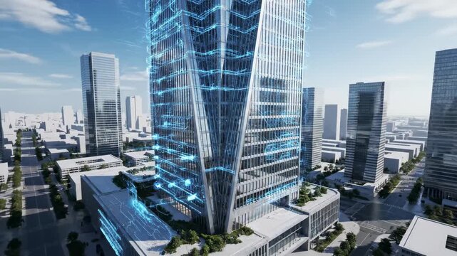 futuristic skyscraper in a modern city, architectural concept, advanced technology, sleek design, urban landscape with digital elements