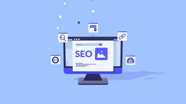 SEO website optimization animation featuring digital marketing analytics, search ranking strategy, traffic growth, and performance monitoring for business promotion.