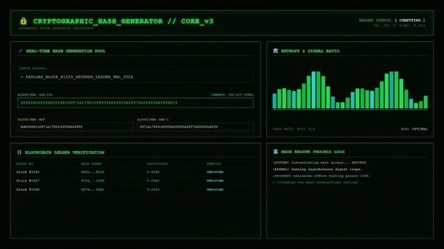 Cryptographic Hash Generator Interface Screen Displaying Real Time Block Validation Pool And Blockchain Ledger Verification Entropy Density Chart Green HUD Software.