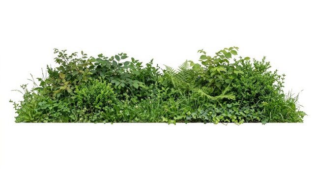 Lush green shrubbery and garden plants isolated on white background, vibrant garden foliage cutout, decorative landscape vegetation for architectural rendering