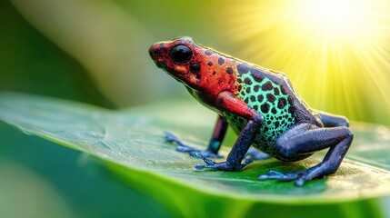 Obraz premium dart. A brightly colored poison dart frog on a tropical leaf in the rainforest. wildlife magazines, conservation campaigns, designed for wildlife conservation campaigns, supports conservation.