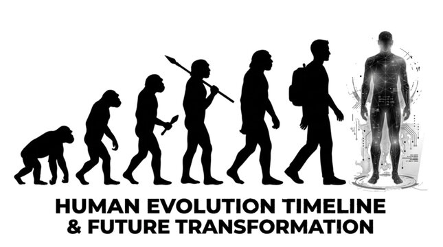 Human evolution timeline from ape to futuristic man with technology integration