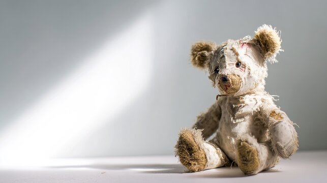 extent. A worn teddy bear with torn seams and exposed stuffing, isolated on a simple background. wildlife magazines, conservation campaigns, designed for eco-tourism storytelling.