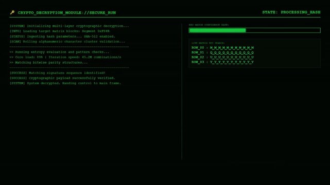 Crypto Decryption Module Secure Run Screen Displaying Multilayer Cryptographic Decryption Progress Alphanumeric Cluster Validation And Key Match Confidence Rate Green HUD Software.