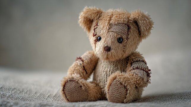 extent. A worn teddy bear with torn seams and exposed stuffing, isolated on a simple background. wildlife magazines, conservation campaigns, designed for eco-tourism storytelling.