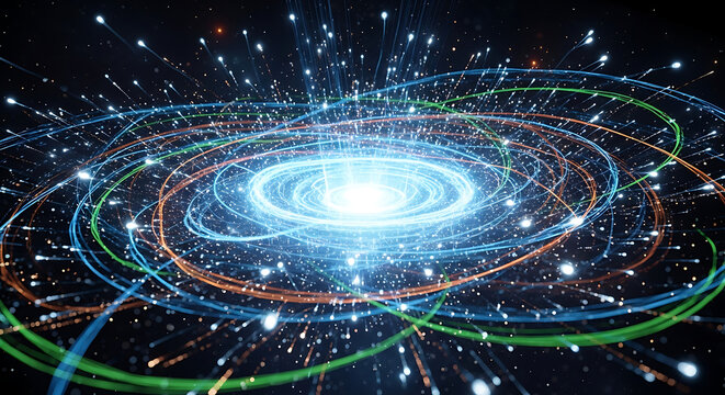 Futuristic Sci-Fi Digital Vortex with Swirling Data Lines and Neon Light Trails