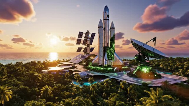 Futuristic space launch complex with rocket, solar panels, and satellite dish on a tropical island at sunset, high-tech space exploration and colonization.