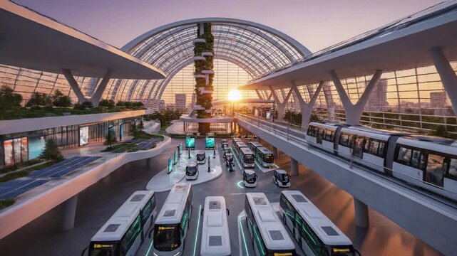 futuristic transportation hub with clean energy vehicles and vertical gardens, city skyline at sunset, sustainable urban concept