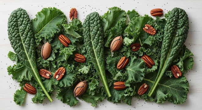 Fresh kale leaves with pecans scattered on a white surface during daylight