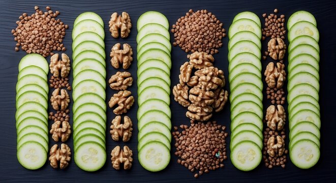 Sliced zucchini and walnuts arranged with buckwheat groats on dark wood