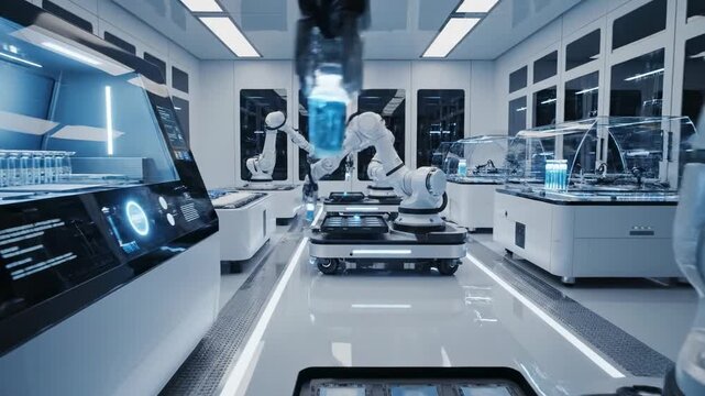 Modern automated laboratory with robotic arms processing samples, advanced scientific research, future technology, cleanroom environment, blue light accents, digital displays