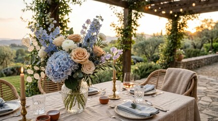 Fototapeta premium Elegant outdoor dining table set for a romantic evening with floral centerpiece
