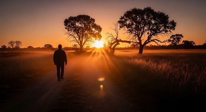 Silhouette of a man walking alone on a dusty path towards a golden sunset.