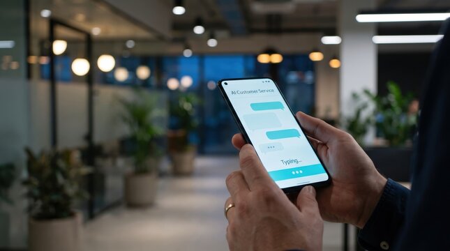 AI Customer Service Chatbot Concept: Close-up of Hands Interacting with Rapid Messaging Interface on Smartphone in Office
