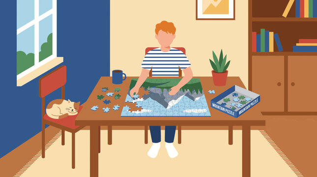 Person assembling puzzle on table at home