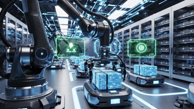Automated warehouse with robotic arm and autonomous mobile robots moving packages, smart factory logistics, AI technology, futuristic industrial automation