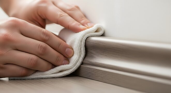 Close-up of a person cleaning a wooden baseboard with a white cloth